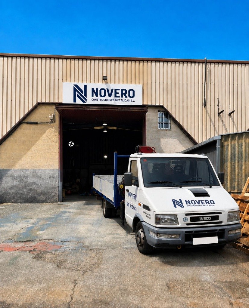Taller propio de Novero Construcciones Metálicas en Arganda del Rey y vehículo de transporte